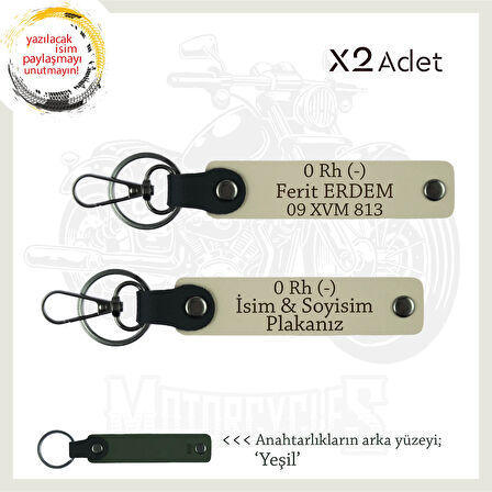 Motorcuya Hediye, İsim Plaka ve 0 Rh (-) Kan Grubu Kişiselleştirilmiş x2 Anahtarlık Set, S Kahve-Ysl