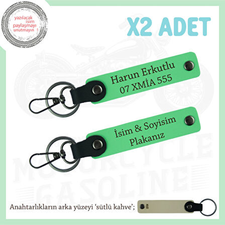 Kullanışlı ve Şık Tasarım – Plaka ve İsim Yazılı Deri Anahtarlık Çift, Hediye, Fıstık Yeşil-S Kahve