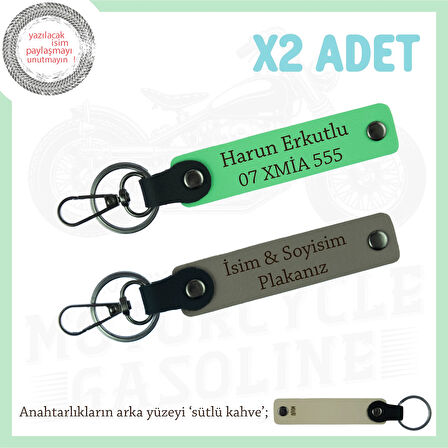 Scooter Severlere Özel İsim Ve Plaka Yazılı x2 Deri Anahtarlık, Arkadaş Hediyesi, Kül Gri-F Yeşil-SK
