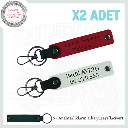 Kurye Tarzına Uyum Sağlayan Deri Anahtarlık Takımı – Plaka & İsimli x2, Kırmızı-Beyaz-Laci