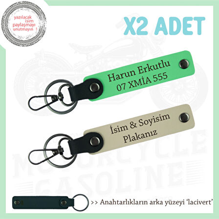 İkili Anahtarlık – İsim & Plaka Yazılabilir Kişiye Özel Hediye Seti, Sütlü Kahve-F Yeşil-Laci