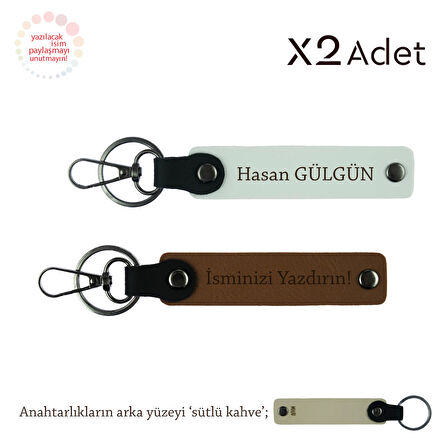 Arkadaşa Yılbaşı Hediyesi, İsim Yazılı 2’li Anahtarlık Seti, Açık Kahve-Beyaz-Sütlü Kahve