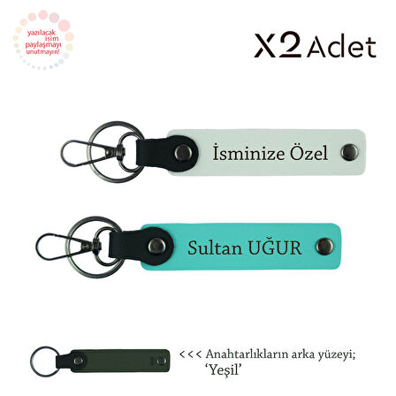 Yıldönümüne Özel Hediyelik – Kişisel İsimli 2’li Anahtarlık Seti, Beyaz-Turkuaz-Yeşil
