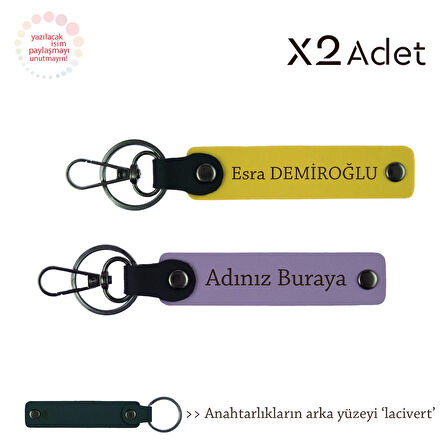 Çiftlere 14 Şubat Hediyesi, İsim & Soyisim Kişiselleştirilmiş 2’li Anahtarlık, Mor-Sarı-Lacivert