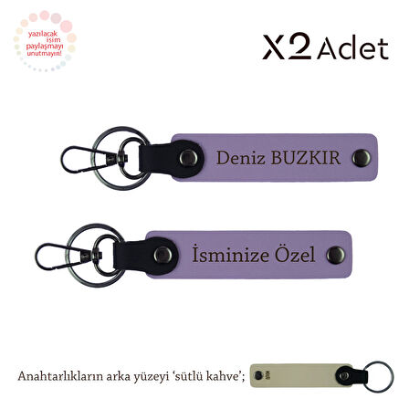 Akrabaya Yılbaşı Hediyesi, İsimli & Soyisimli 2’li Anahtarlık Seti, Mor Menekşe-Sütlü Kahve