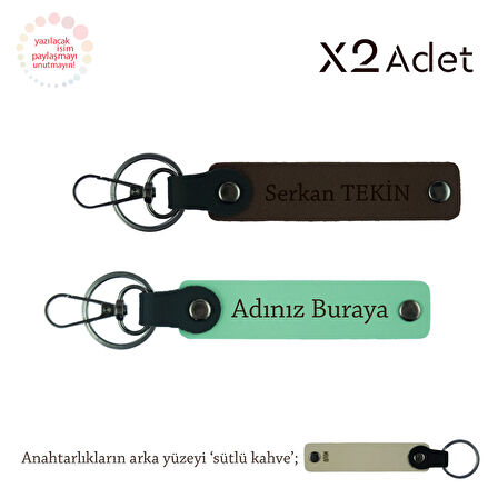 Ona 14 Şubat Hediyesi, İsimli & Soyisimli 2’li Anahtarlık Hediye Takım, Yeşil-Koyu Kahve-Sütlü Kahve