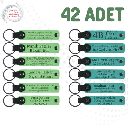 F Yeşili & K Turkuaz, Öğretmenden Karne Hediyesi, 42’li Set, Kişisel Yazılı Deri Hatıra Anahtarlık