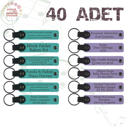 K Turkuaz & Mor Menekşe, 40’lı Set, İsimli Anlamlı Deri Anahtarlık, Şirket Seminerlerine Özel Hediye