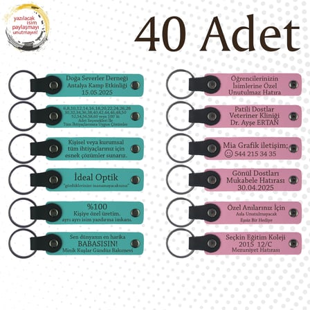 Koyu Turkuaz & Pembe, 40’lı Set, İsimli Anlamlı Deri Anahtarlık, Firma Tanıtım Günlerine Özel Hediye
