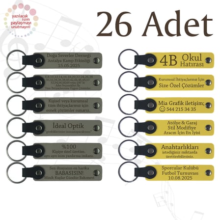 Kül Gri & Sarı, 26’lı Set, İsim Yazılabilen Deri Anahtarlık, Müzik Atölyesi Katılımcılarına Anı