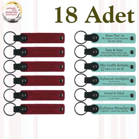 Kırmızı & Turkuaz, 18’li Set, Kişisel Mesajlı Deri Anahtarlık Nişan Töreni Davetlilerine Anlamlı Anı