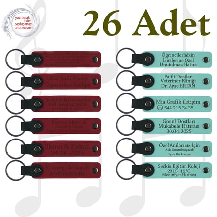 Kırmızı & Turkuaz, 26’lı Set, İsim Yazılabilen Deri Anahtarlık, Müzik Kursu Katılımcılarına Anı