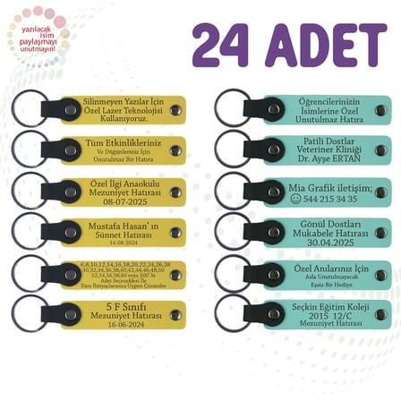 Sarı & Turkuaz, Üniversite Mezuniyet Etkinliğine, 24'lü Set, İsim Yazılan Hediye Deri Anahtarlık