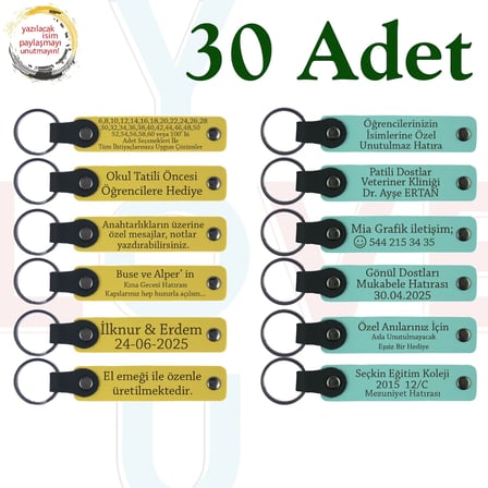 Sarı & Turkuaz, Sevdiğiniz Kişilere Doğum Günü Anısı, 30'lu Set, Mesajlı Kişiye Özgü Anahtarlık