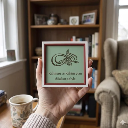 Anlam Dolu Besmele-i Şerif Ev Aksesuarı, Modern Hat Sanatı ve Türkçe Mealli 10x10 cm Minyatür Obje