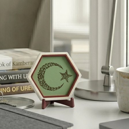 Kelime-i Tevhid Yazılı Ay Yıldız Tasarımlı Minik Dekoratif Obje, Manevi Değeri Yüksek Hediye 10x10cm