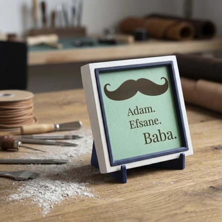 Babam İçin Zarif Bir Hikâye; Karizmatik Bıyık Motifli ve Modern Duruşlu Şık Masaüstü Dekor 10x10 cm