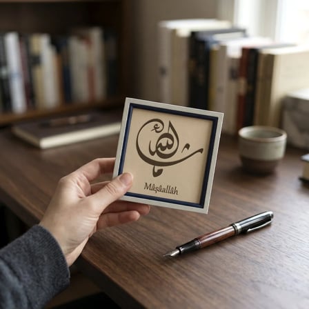 Maşâallâh Yazılı Dekoratif Aksesuar, Çalışma Masası İçin 10x10 cm Minyatür Hat Sanatı Tasarımı