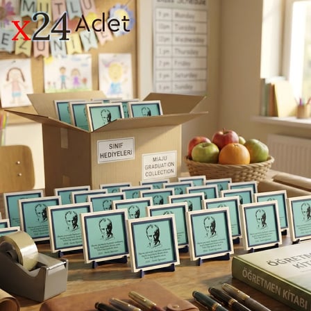 Öğretmenden Öğrencilerine Okul Hatırası 24'lü Set; Atatürk Görselli Kişiye Özel Obje 10x10 cm