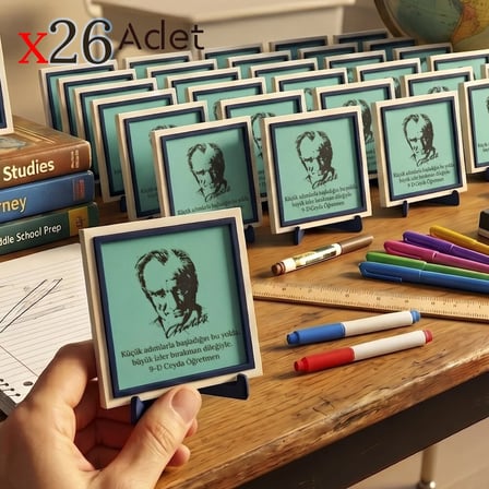 Öğretmen İsmine Özel Yıl Sonu Hediyesi 26'lı Set; Atatürk Görselli Sınıfa Özel Dekoratif 10x10 cm