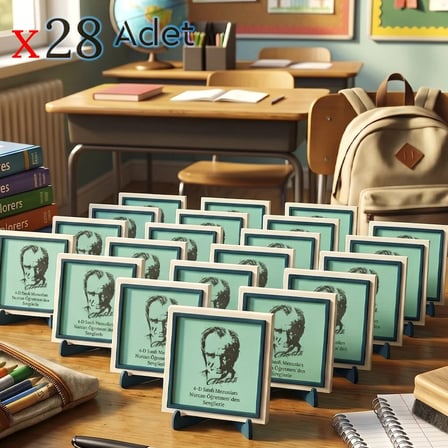 Öğretmen Mesajlı Mezuniyet Hatırası 28'li Set, Atatürk Silüetli Dekoratif Masaüstü Obje, 10x10 cm