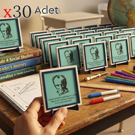 Yıl Sonu Karne Hediyesi Atatürk Silüetli 30'lu Set, Öğrencilerin İsmi Yazılı Masaüstü Obje, 10x10 cm