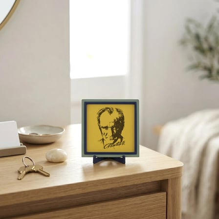 Estetik Atatürk İşlemeli Dekoratif Hatıra, Tarihi Değeri Yüksek Modern Masaüstü Süsü 10x10 cm