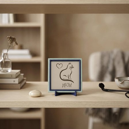 Çağdaş Tasarım Kalpli ve Kedi Motifli Dekoratif Parça, Çalışma Masanız İçin Özel Tasarım 10x10 cm