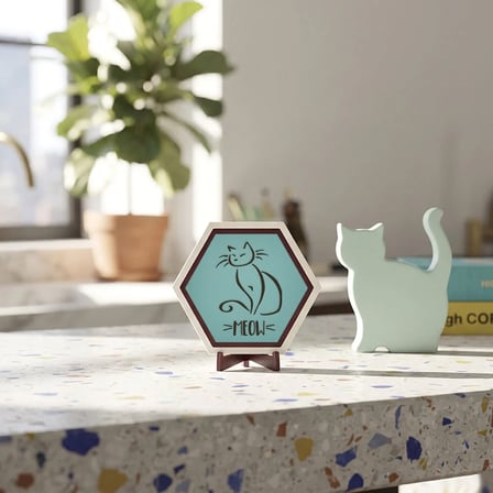 Estetik Kedi ve Meow Yazılı Masaüstü Aksesuarı Çalışma Alanlarınıza Estetik Katan Modern Özel Tasarım Ürün 10x10 cm
