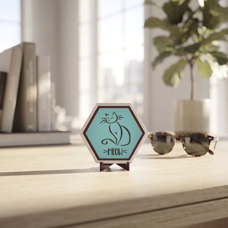 Estetik Kedi ve Meow Yazılı Masaüstü Aksesuarı Çalışma Alanlarınıza Estetik Katan Modern Özel Tasarım Ürün 10x10 cm