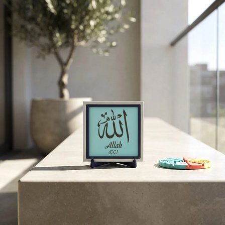 Sanatsal Hat Çizgili Allah (C.C.) Yazılı Butik Masaüstü Süsü, Özgün ve Estetik Tasarım 10x10 cm
