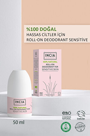 INCIA %100 Doğal Roll On Deodorant Hassas Ciltler İçin Ter Kokusu Önleyici Lekesiz 50 ml