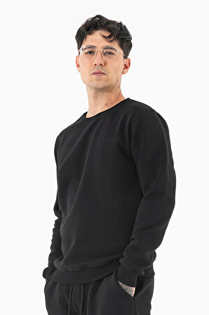 Erkek Siyah Sweatshirt Bisiklet Yaka Rahat Kalıp 3 iplik Şardonlu Nakışlı