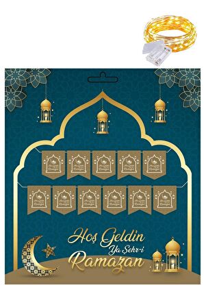 Gold 230 cm Hoşgeldin Ya Şehri Ramazan Banner + Led - Hoşgeldin Ramazan Banner Ramazan Süsleri