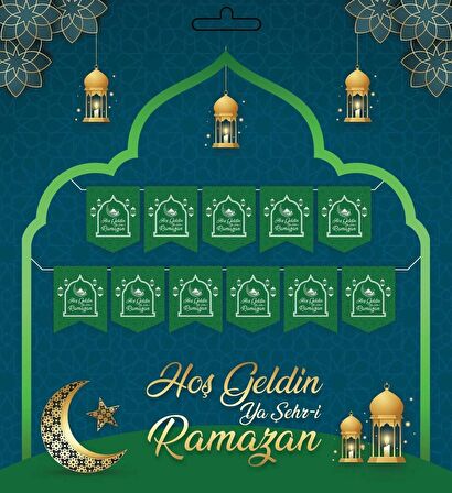 Yeşil 230 cm Hoşgeldin Ya Şehri Ramazan Banner + Led - Hoşgeldin Ramazan Banner Ramazan Süsleri