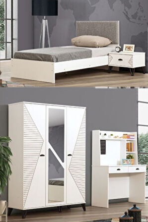 Safir Genç Odası - 3 Kapılı Dolap, Karyola, Komodin, Masa