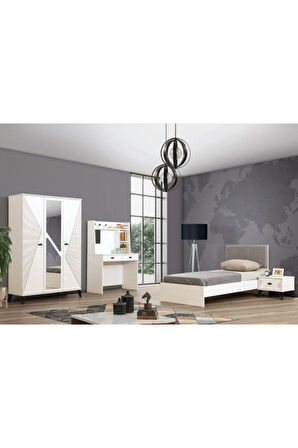 Safir Genç Odası - 3 Kapılı Dolap, Karyola, Komodin, Masa