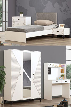 Safir Genç Odası - 3 Kapılı Dolap, Karyola, Komodin, Şifonyer, Masa