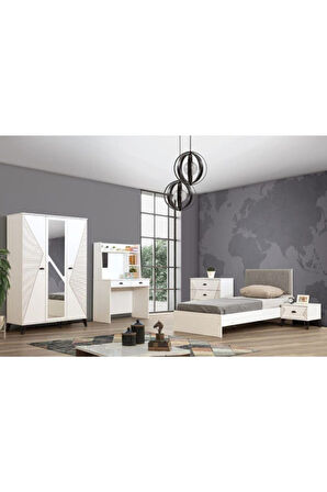 Safir Genç Odası - 3 Kapılı Dolap, Karyola, Komodin, Şifonyer, Masa