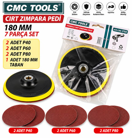 180 Mm Cırt Zımpara Seti Tabanlı 7 Parça Set Halinde Yedekli Ped Cmc 3765