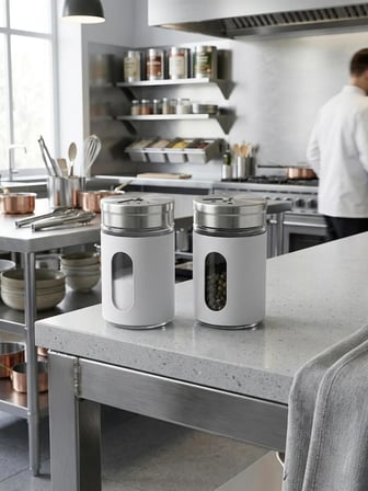 Chefstar 4 Adet Cam Baharatlık Seti - Paslanmaz Çelik Kapaklı Pencereli Tuzluk Karabiberlik Seti