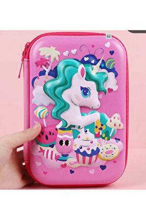Petityu Unicorn Fuşya Pembe Cupcake 3D Dikdörtgen Büyük Kapasiteli Kız Çocuk Kalem Kutu