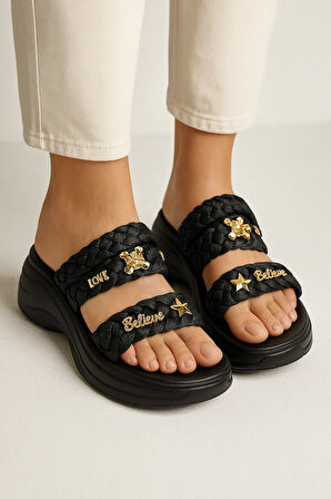 Kadın Örgü Detaylı Taşlı Platform Sandalet Terlik 0169