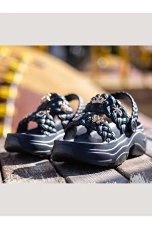 Kadın Örgü Detaylı Taşlı Platform Sandalet Terlik 0169