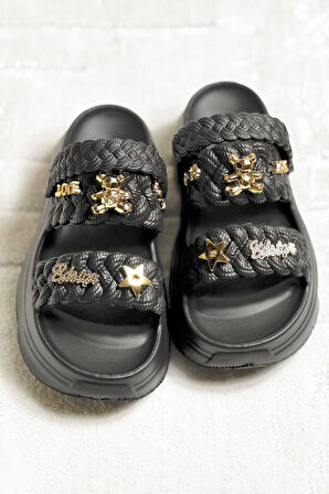 Kadın Örgü Detaylı Taşlı Platform Sandalet Terlik 0169