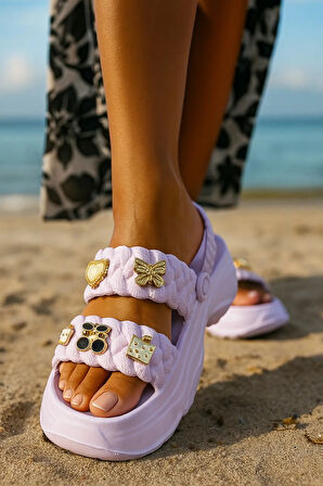 Kadın Örgü Detaylı Taşlı Platform Sandalet Terlik 0169