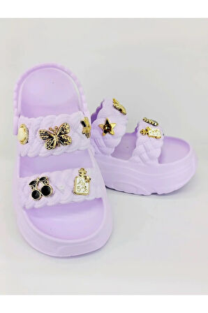 Kadın Örgü Detaylı Taşlı Platform Sandalet Terlik 0169