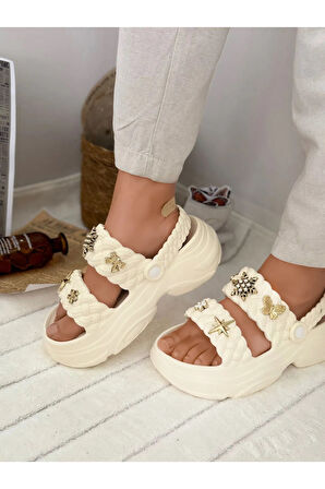 Kadın Örgü Detaylı Taşlı Platform Sandalet Terlik 0169