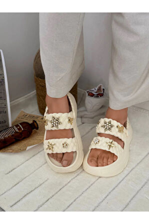 Kadın Örgü Detaylı Taşlı Platform Sandalet Terlik 0169
