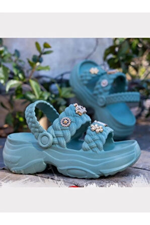 Kadın Örgü Detaylı Taşlı Platform Sandalet Terlik 0169